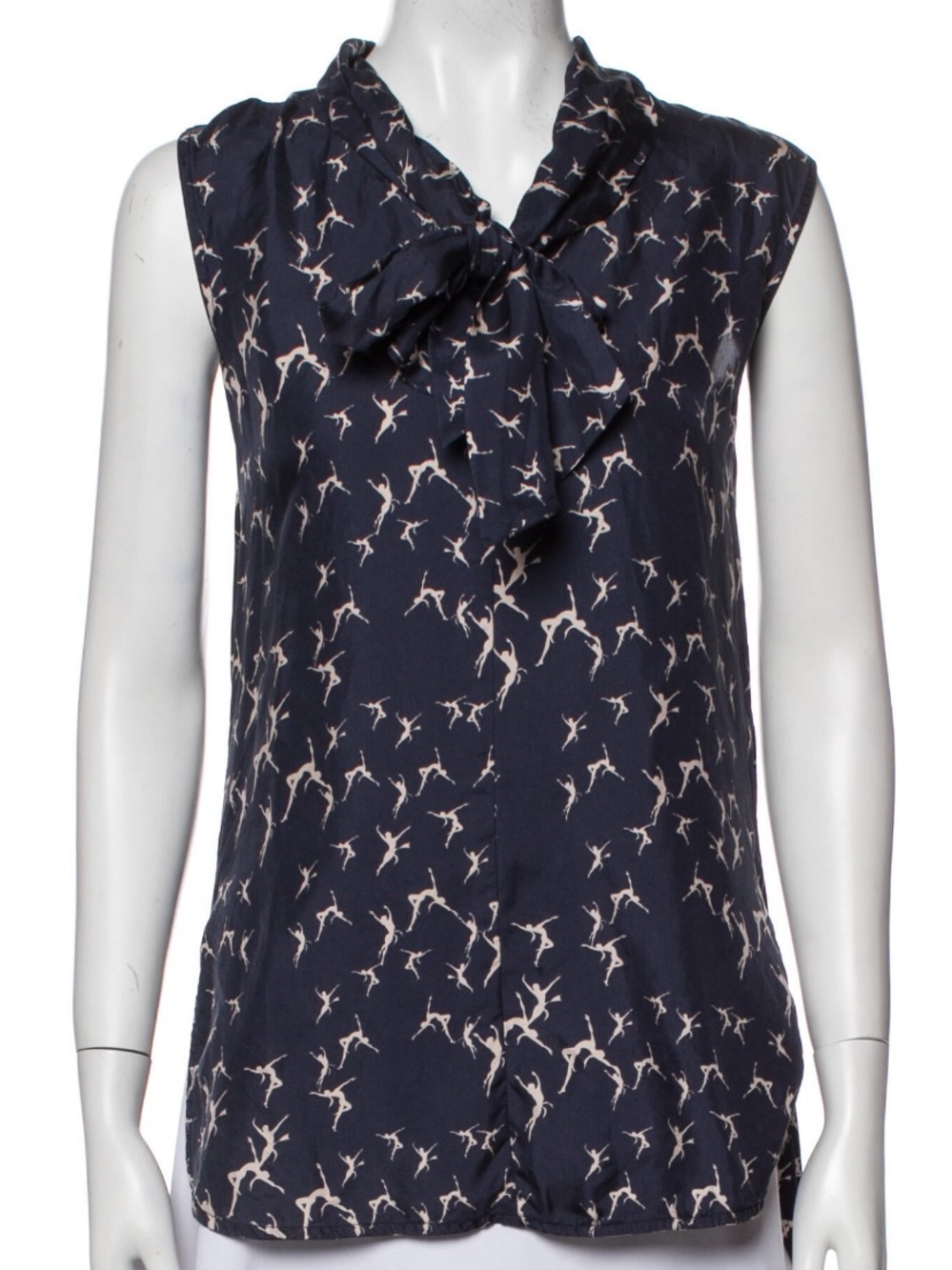 MaxMara Navy Sleeveless Bow-Neck Bird Print Top